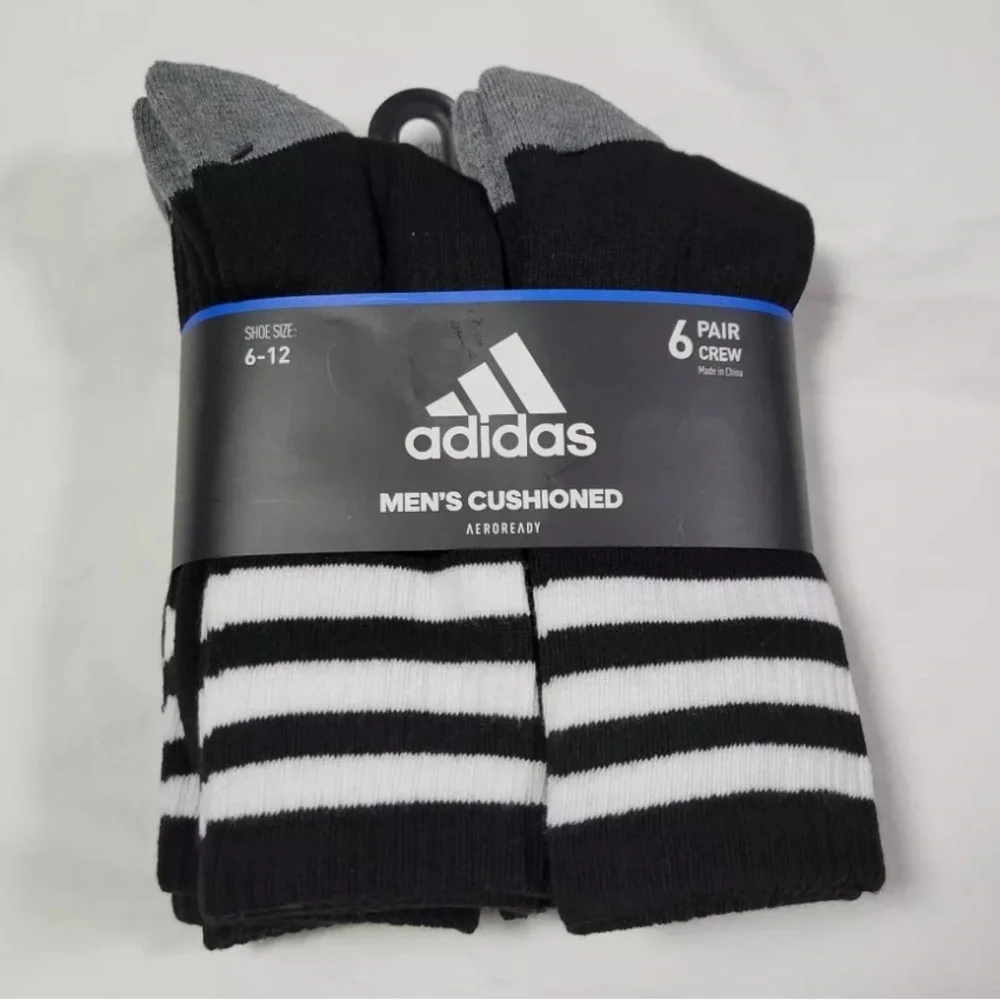 Adidas Men’s Cushioned 3 stripe roller black white crew socks 6 pair pack NEW